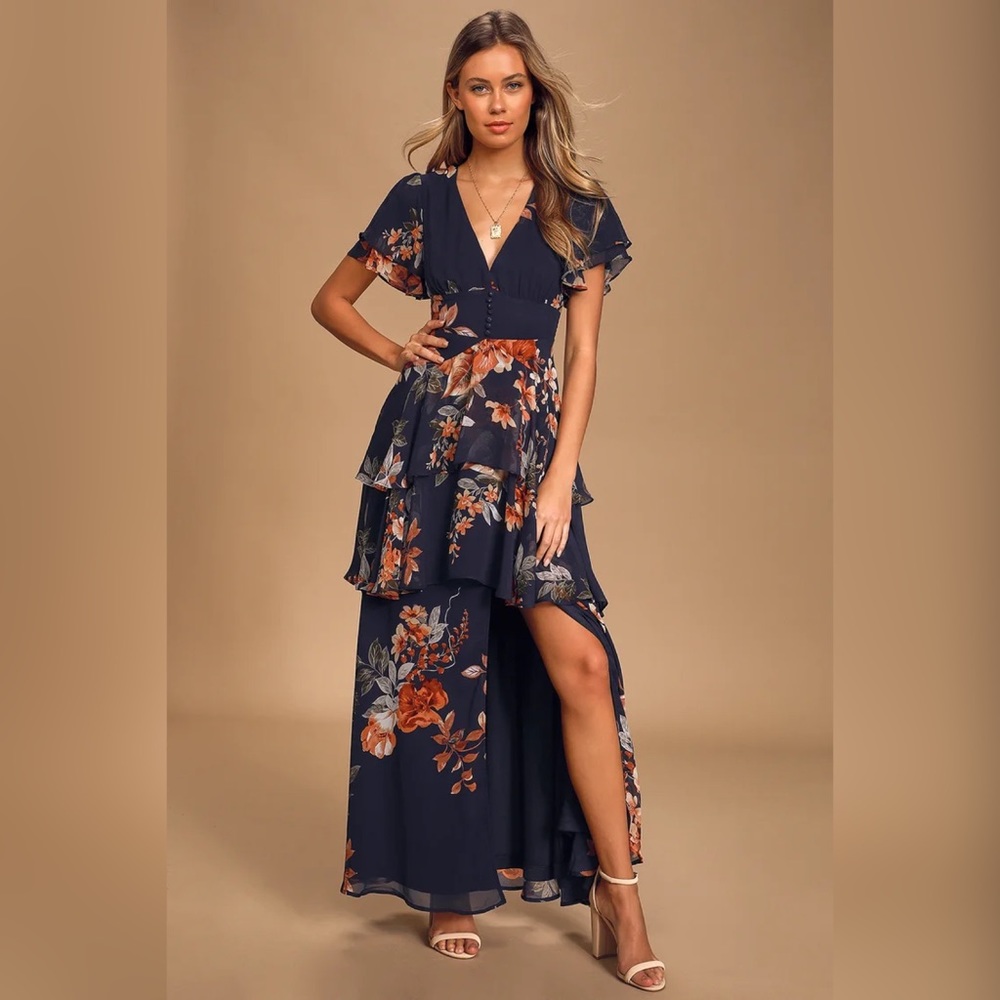Midnight Mood Navy Blue Floral Print Tiered Maxi Dress